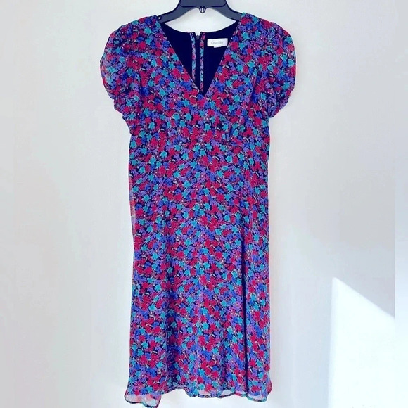 Calvin Klein Dress V-Neck Purple Red Chiffon Floral Cottage Flowy Romantic - Picture 3 of 9